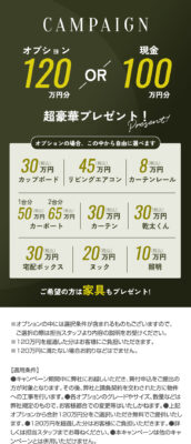 今だけ!お得なキャンペーン開催中!
マルケンホームのモデルハウスモニター募集に際し
オプション120万円分 or 現金100万円の豪華プレゼント中!!!
オプションは下記の中より選択可能!
カップボード:30万円
リビングエアコン:45万円
カーテンレール:8万円
カーポート:50万円 or 65万円
カーテン:30万円
乾太くん:30万円
宅配ボックス:30万円
ヌック:20万円
照明:10万円
より120万円になるよう好きに組み合わせてOK!
ご希望の場合は家具もプレゼント!
※オプションの中には選択条件が含まれるものもございますので、ご選択の際は担当スタッフより内容の説明をお受けください。
※120万円を超過した分はお客様にご負担いただきます。
※120万円に満たない場合お釣りなどはでません。
【適用条件】
●キャンペーン期間中に弊社にお越しいただき、買付申込をご提出の方が対象となります。その後、弊社と請負契約を交わされた方に物件への工事を行います。●各オプションのグレードやサイズ、数量などは弊社規定のもので、お客様都合での変更等はいたしかねます。●上記
オプションから合計120万円分をご選択いただき無料でご提供いたします。●120万円を超過した分はお客様にご負担いただきます。●詳しくは担当スタッフまでお尋ねください。●本キャンペーンは他のキャンペーンとは併用いただけません。